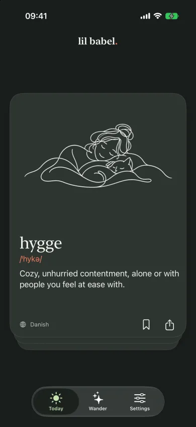 The Today card for hygge in dark appearance